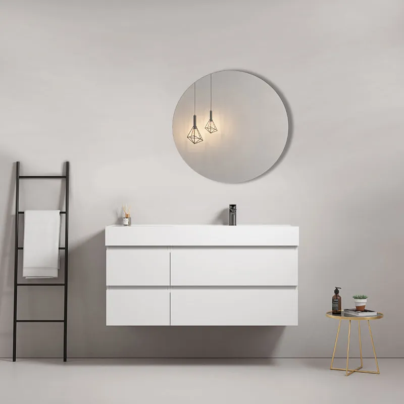 Mobile bagno sospeso 120 cm Bianco Lavabo a Destra in Resina Specchio Tondo - Fiji Paint