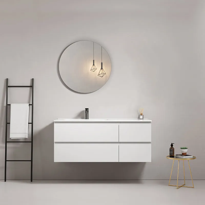 Mobile bagno sospeso 120 cm Bianco Lavabo a Sinistra in Ceramica Specchio Tondo - Fiji Paint