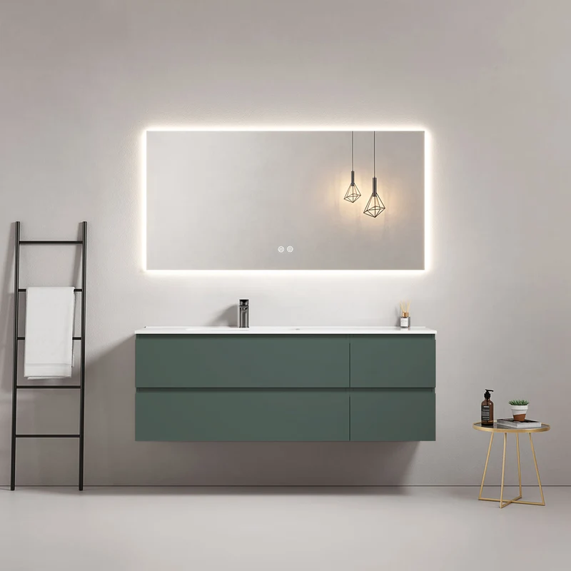Mobile bagno sospeso 140 cm Verde Comodoro Lavabo a Sinistra in Resina Specchio Quadro Retroilluminato - Fiji Paint