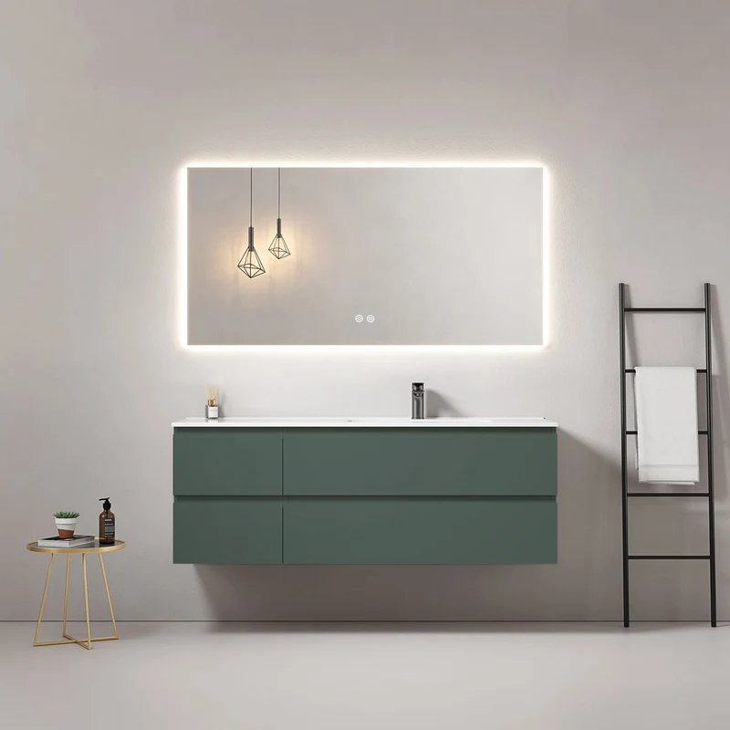 Mobile bagno sospeso 140 cm Verde Comodoro Lavabo a Destra in Resina Specchio Quadro Retroilluminato - Fiji Paint