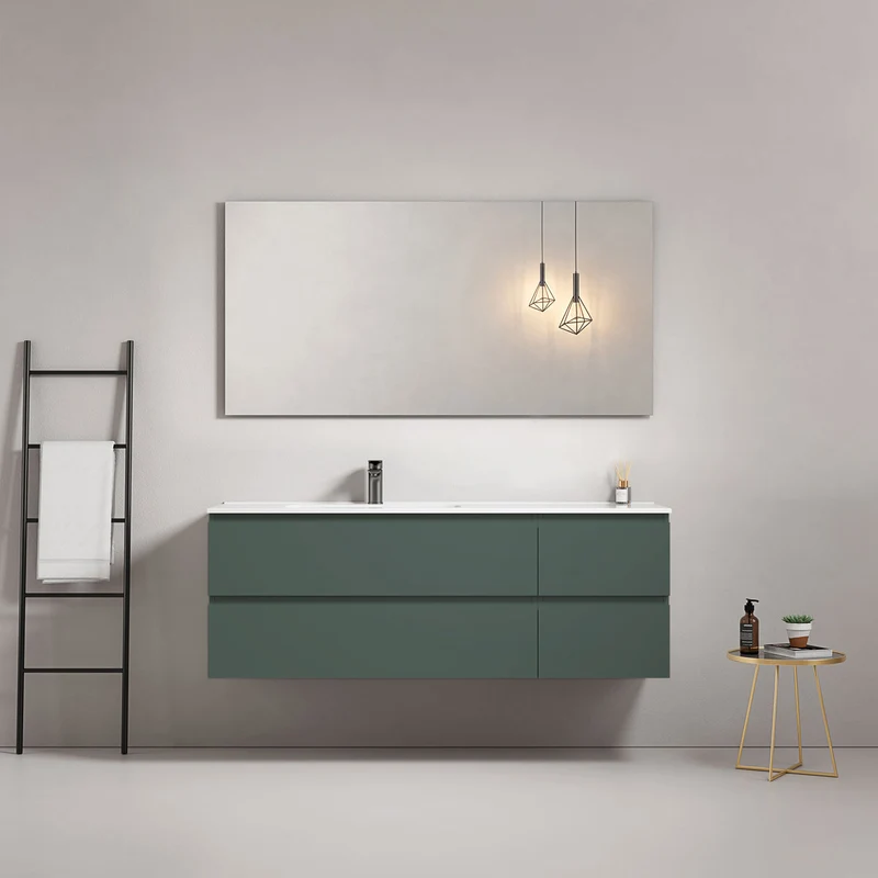 Mobile bagno sospeso 140 cm Verde Comodoro Lavabo a Sinistra in Resina Specchio Quadro - Fiji Paint
