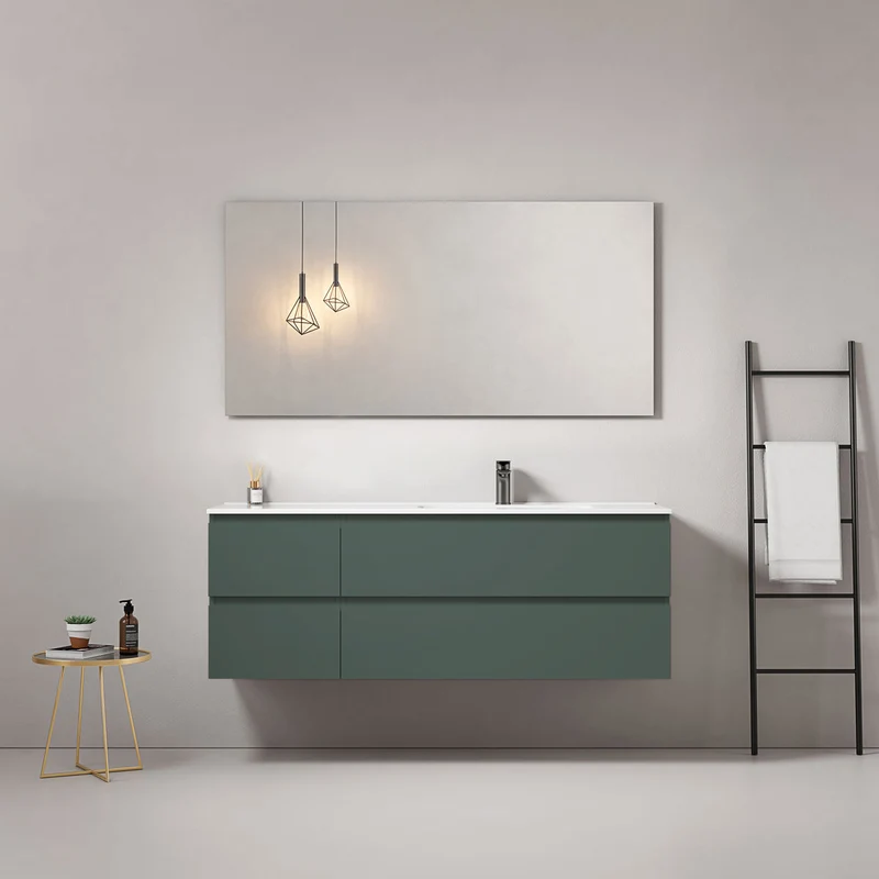 Mobile bagno sospeso 140 cm Verde Comodoro Lavabo a Destra in Resina Specchio Quadro - Fiji Paint