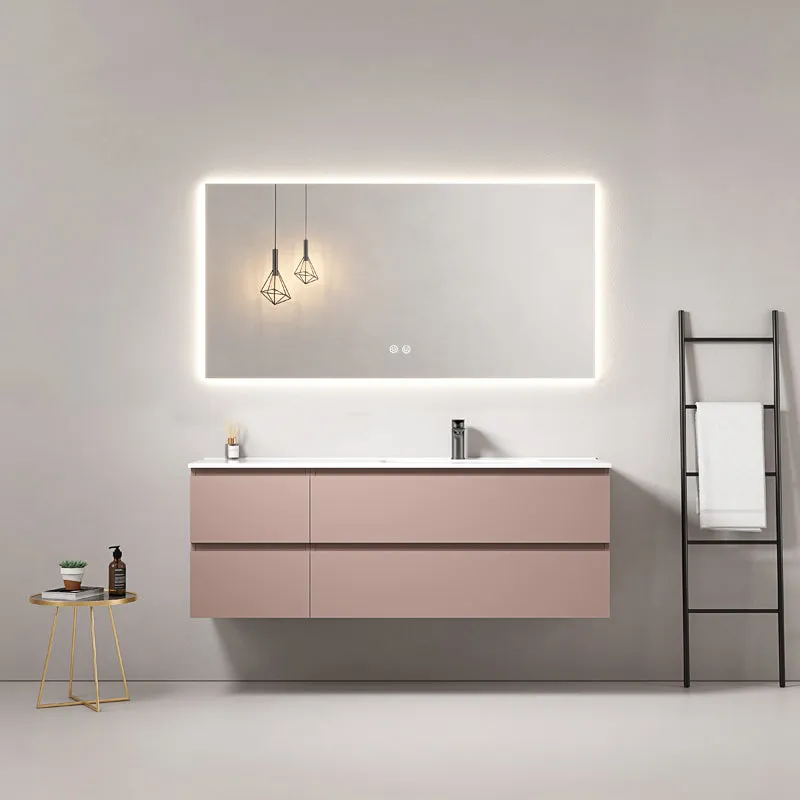 Mobile bagno sospeso 140 cm Rosa Retro Lavabo a Destra in Resina Specchio Quadro Retroilluminato - Fiji Paint