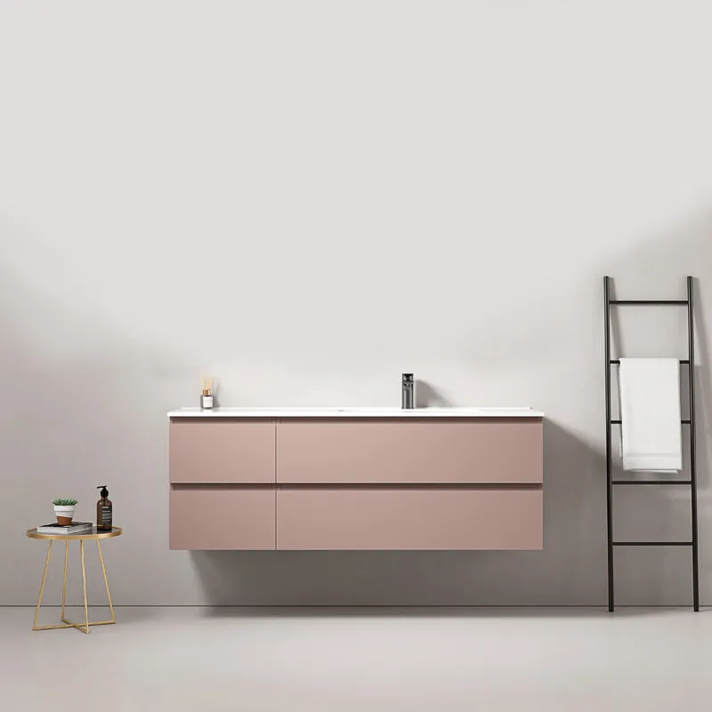 Mobile bagno sospeso 140 cm Rosa Retro Lavabo a Destra in Resina Senza Specchio - Fiji Paint