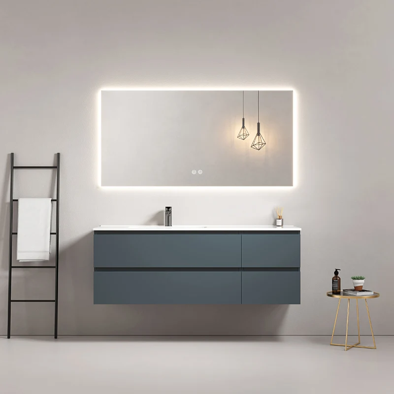 Mobile bagno sospeso 140 cm Blu Mare Lavabo a Sinistra in Resina Specchio Quadro Retroilluminato - Fiji Paint