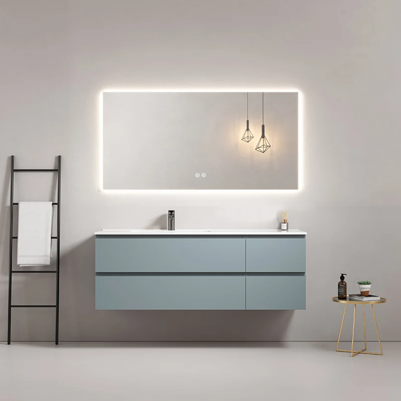 Mobile bagno sospeso 140 cm Blu Avio Lavabo a Sinistra in Resina Specchio Quadro Retroilluminato - Fiji Paint