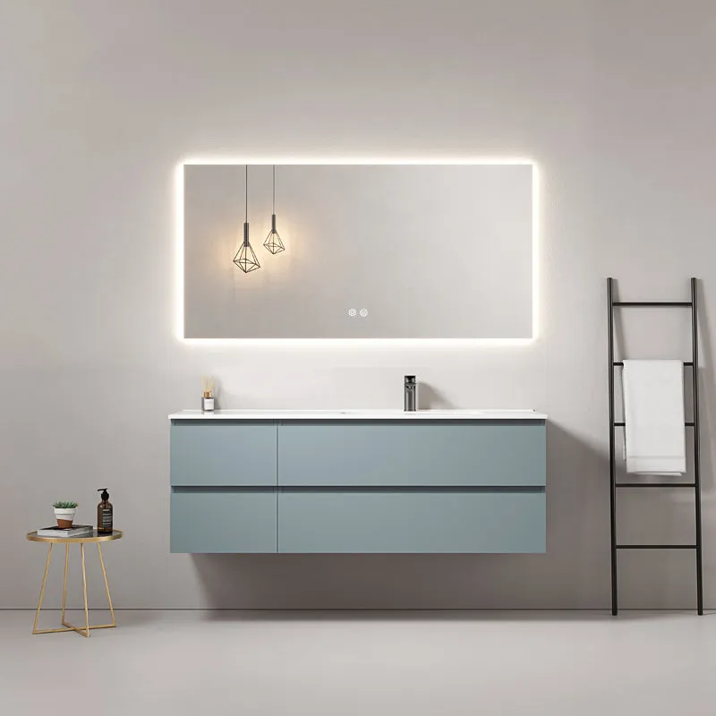Mobile bagno sospeso 140 cm Blu Avio Lavabo a Destra in Resina Specchio Quadro Retroilluminato - Fiji Paint