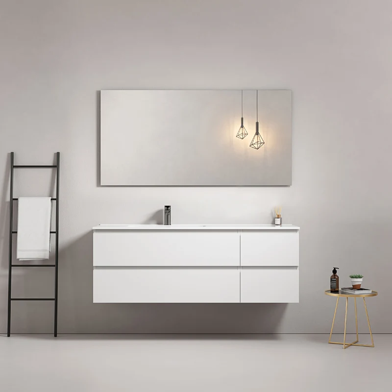 Mobile bagno sospeso 140 cm Bianco Lavabo a Sinistra in Resina Specchio Quadro - Fiji Paint