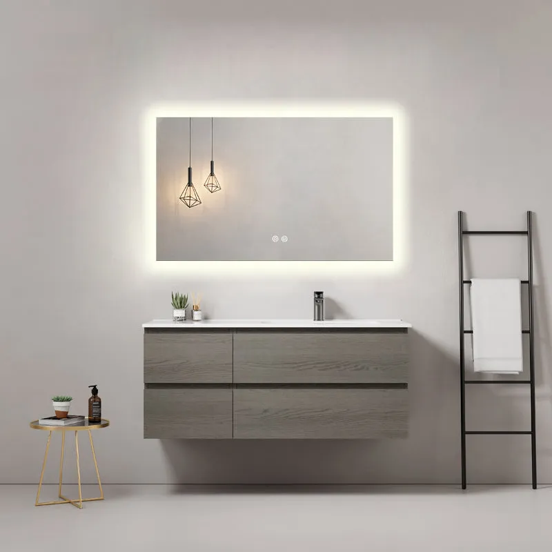 Mobile bagno sospeso 120 cm Grey Lavabo a Destra in Ceramica Specchio Quadro Retroilluminato - Fiji Wood