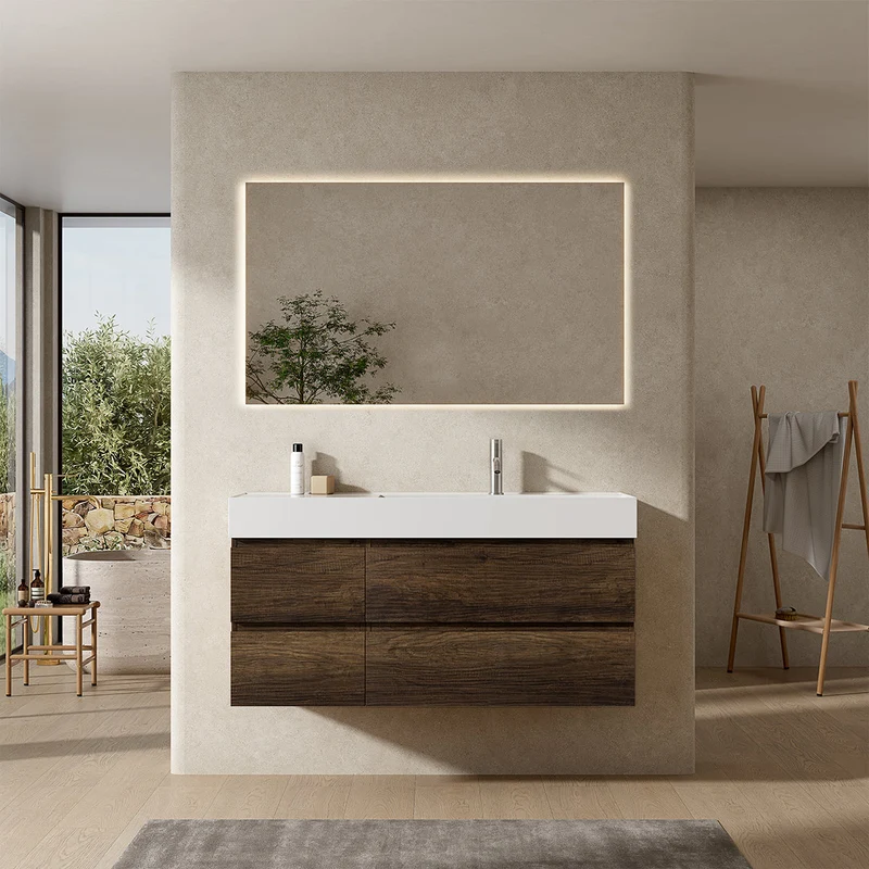 Mobile bagno sospeso 120 cm Bruno Scuro Lavabo a Destra in Resina Specchio Quadro Retroilluminato - Fiji Wood