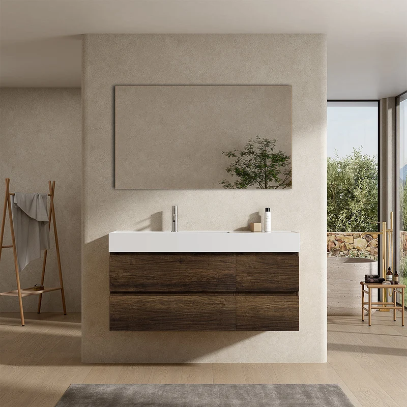 Mobile bagno sospeso 120 cm Bruno Scuro Lavabo a Sinistra in Resina Specchio Quadro - Fiji Wood