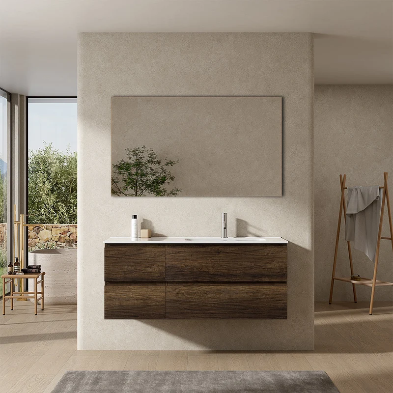 Mobile bagno sospeso 120 cm Bruno Scuro Lavabo a Destra in Ceramica Specchio Quadro - Fiji Wood