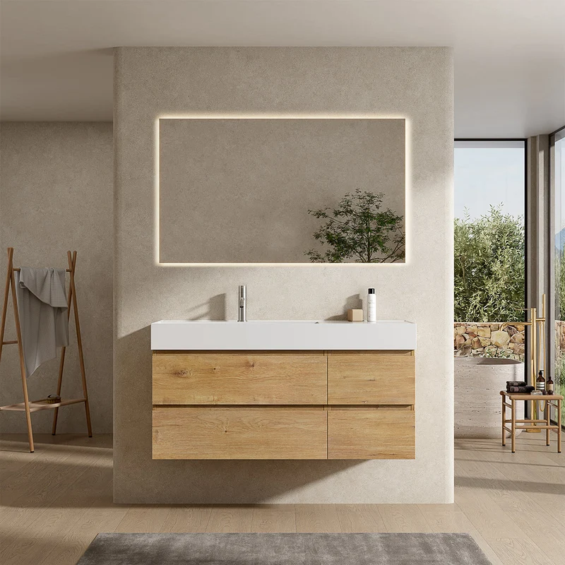 Mobile bagno sospeso 120 cm Bruno Medio Lavabo a Sinistra in Resina Specchio Quadro Retroilluminato - Fiji Wood