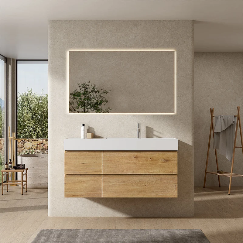 Mobile bagno sospeso 120 cm Bruno Medio Lavabo a Destra in Resina Specchio Quadro Retroilluminato - Fiji Wood