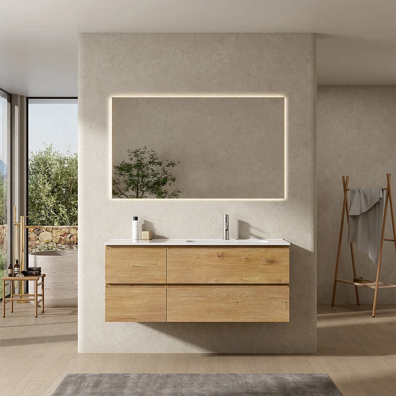 Mobile bagno sospeso 120 cm Bruno Medio Lavabo a Destra in Ceramica Specchio Quadro Retroilluminato - Fiji Wood