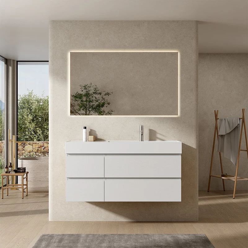 Mobile bagno sospeso 120 cm Bianco Lavabo a Destra in Resina Specchio Quadro Retroilluminato - Fiji Wood