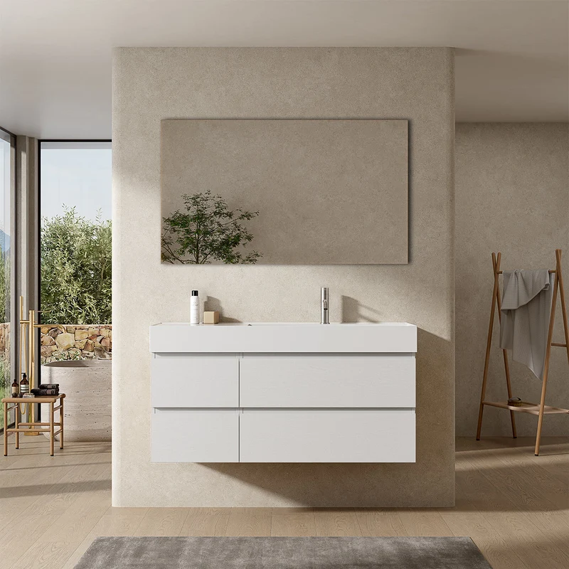 Mobile bagno sospeso 120 cm Bianco Lavabo a Destra in Resina Specchio Quadro - Fiji Wood