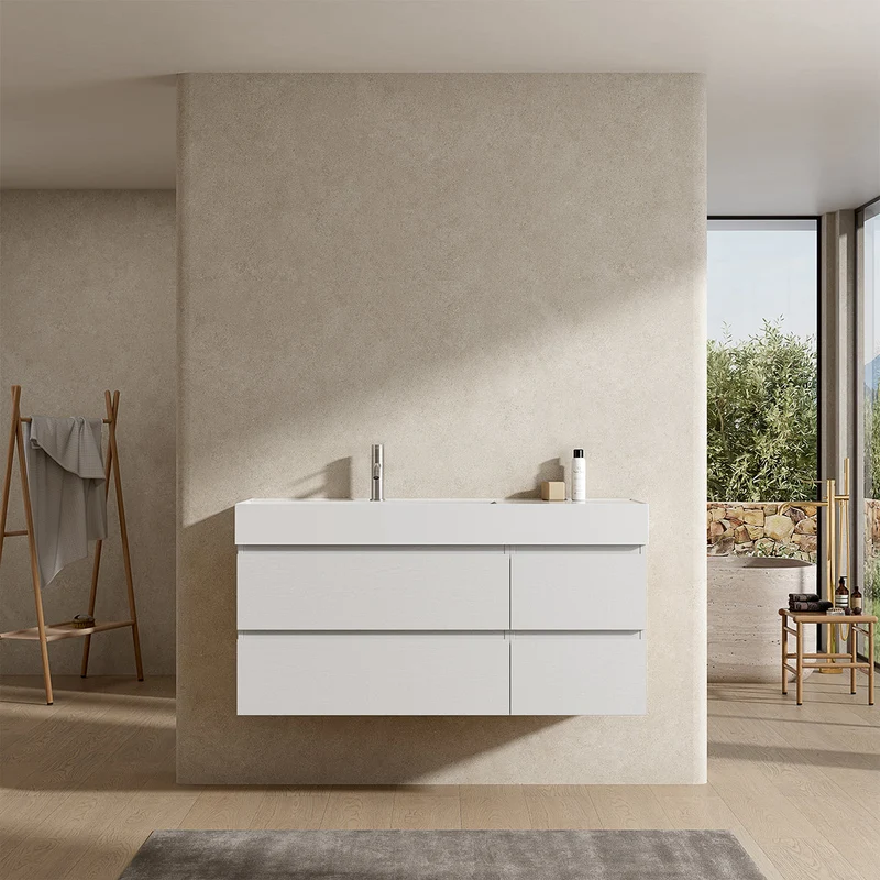 Mobile bagno sospeso 120 cm Bianco Lavabo a Sinistra in Resina Senza Specchio - Fiji Wood
