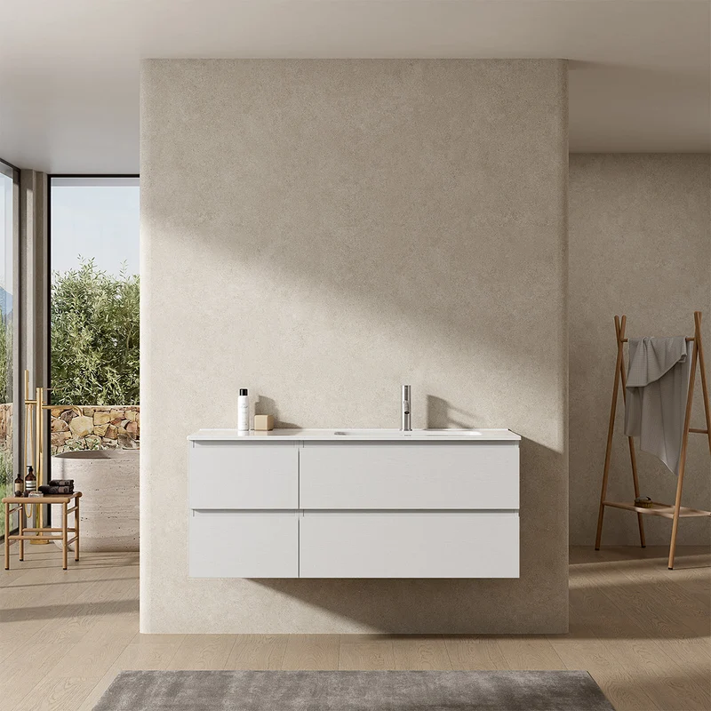 Mobile bagno sospeso 120 cm Bianco Lavabo a Destra in Ceramica Senza Specchio - Fiji Wood