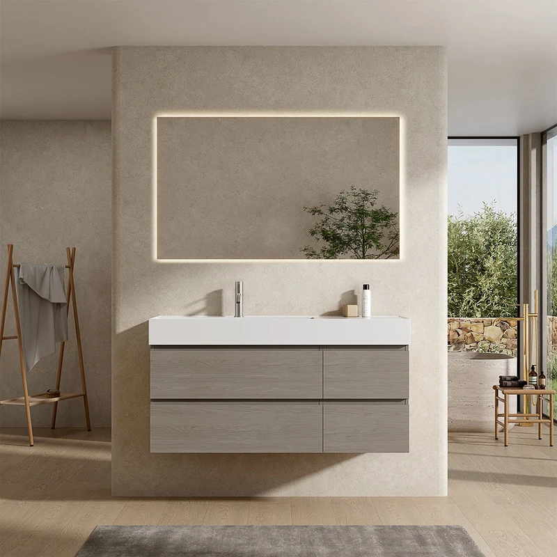 Mobile bagno sospeso 120 cm Beige Lavabo a Sinistra in Resina Specchio Quadro Retroilluminato - Fiji Wood