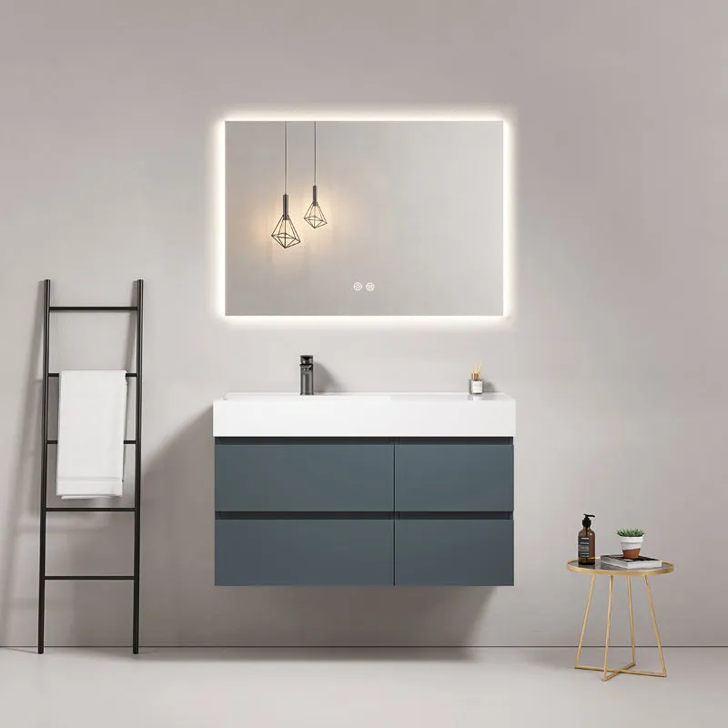 Mobile bagno sospeso 100 cm Blu Mare Lavabo a Sinistra in Resina Specchio Quadro Retroilluminato - Fiji Paint