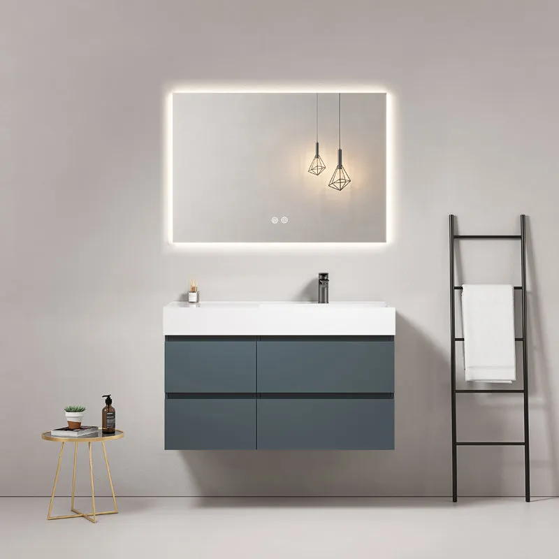 Mobile bagno sospeso 100 cm Blu Mare Lavabo a Destra in Resina Specchio Quadro Retroilluminato - Fiji Paint