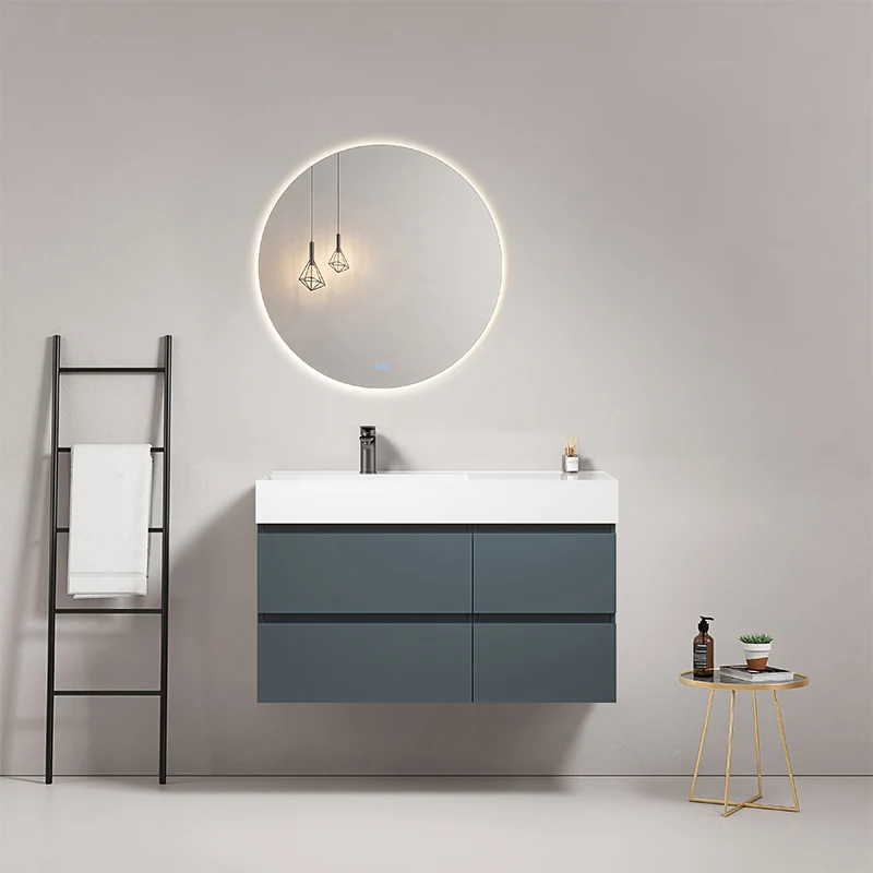 Mobile bagno sospeso 100 cm Blu Mare Lavabo a Sinistra in Resina Specchio Tondo Retroilluminato - Fiji Paint