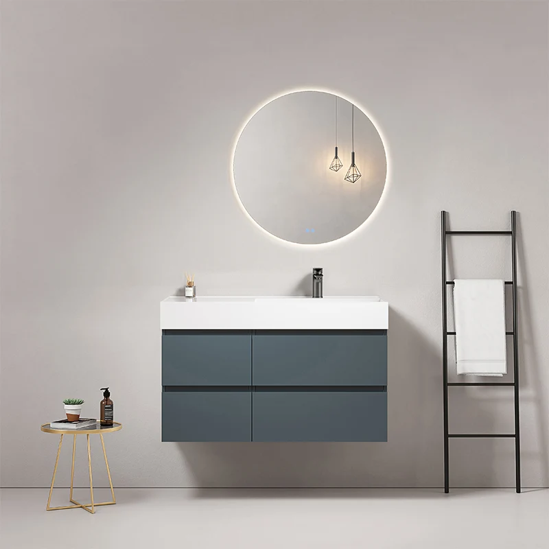 Mobile bagno sospeso 100 cm Blu Mare Lavabo a Destra in Resina Specchio Tondo Retroilluminato - Fiji Paint