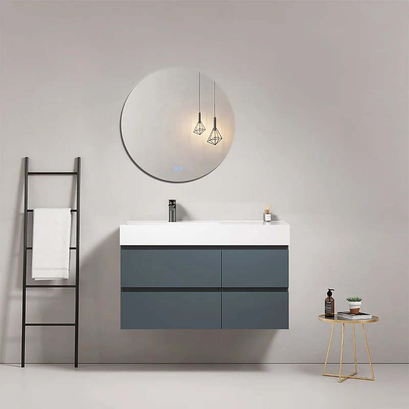 Mobile bagno sospeso 100 cm Blu Mare Lavabo a Sinistra in Resina Specchio Tondo - Fiji Paint
