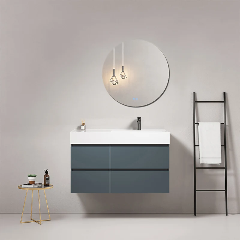 Mobile bagno sospeso 100 cm Blu Mare Lavabo a Destra in Resina Specchio Tondo - Fiji Paint