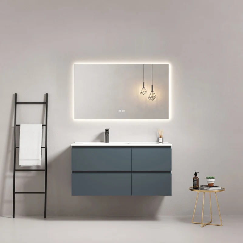 Mobile bagno sospeso 100 cm Blu Mare Lavabo a Sinistra in Ceramica Specchio Quadro Retroilluminato - Fiji Paint
