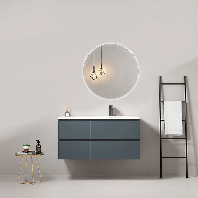 Mobile bagno sospeso 100 cm Blu Mare Lavabo a Destra in Ceramica Specchio Tondo Retroilluminato - Fiji Paint