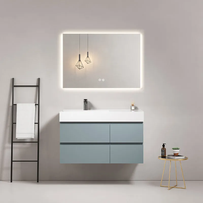 Mobile bagno sospeso 100 cm Blu Avio Lavabo a Sinistra in Resina Specchio Quadro Retroilluminato - Fiji Paint