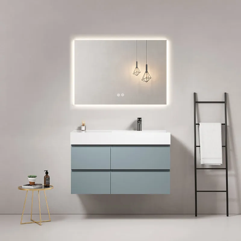 Mobile bagno sospeso 100 cm Blu Avio Lavabo a Destra in Resina Specchio Quadro Retroilluminato - Fiji Paint