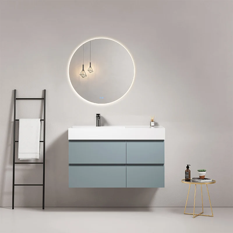 Mobile bagno sospeso 100 cm Blu Avio Lavabo a Sinistra in Resina Specchio Tondo Retroilluminato - Fiji Paint