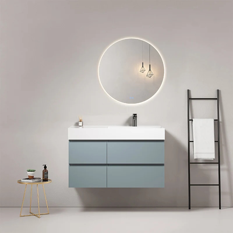 Mobile bagno sospeso 100 cm Blu Avio Lavabo a Destra in Resina Specchio Tondo Retroilluminato - Fiji Paint