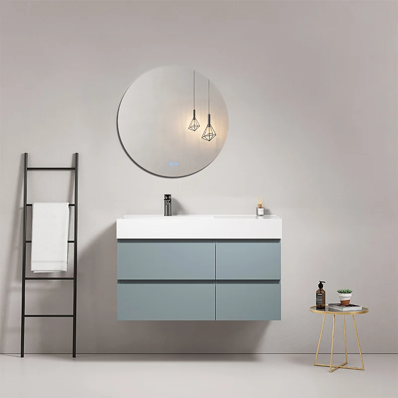Mobile bagno sospeso 100 cm Blu Avio Lavabo a Sinistra in Resina Specchio Tondo - Fiji Paint