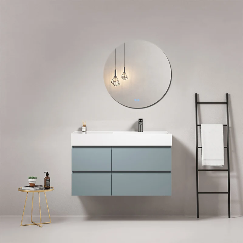 Mobile bagno sospeso 100 cm Blu Avio Lavabo a Destra in Resina Specchio Tondo - Fiji Paint