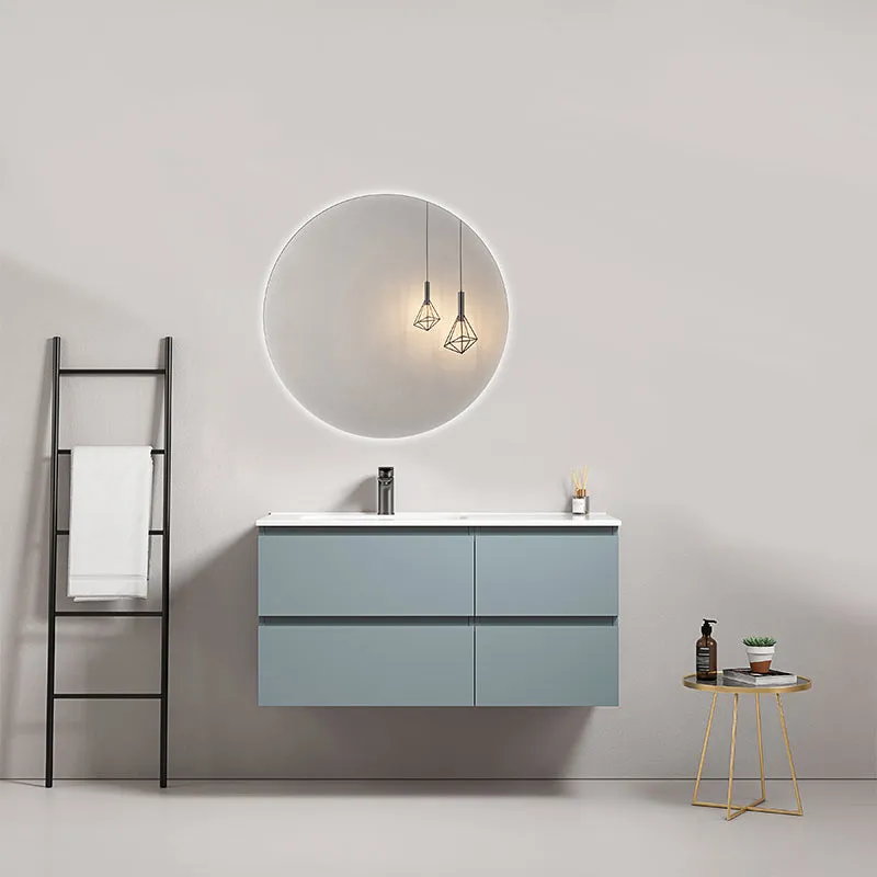 Mobile bagno sospeso 100 cm Blu Avio Lavabo a Sinistra in Ceramica Specchio Tondo Retroilluminato - Fiji Paint