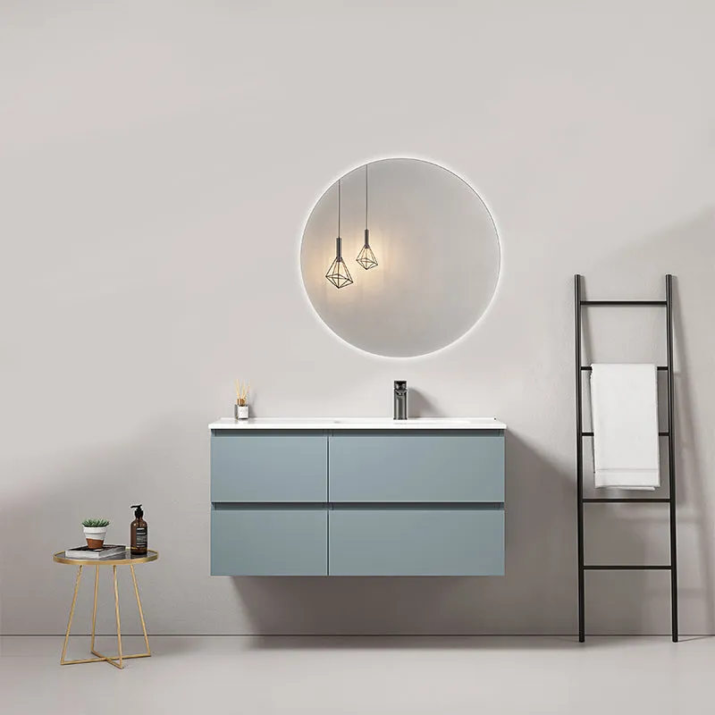 Mobile bagno sospeso 100 cm Blu Avio Lavabo a Destra in Ceramica Specchio Tondo Retroilluminato - Fiji Paint