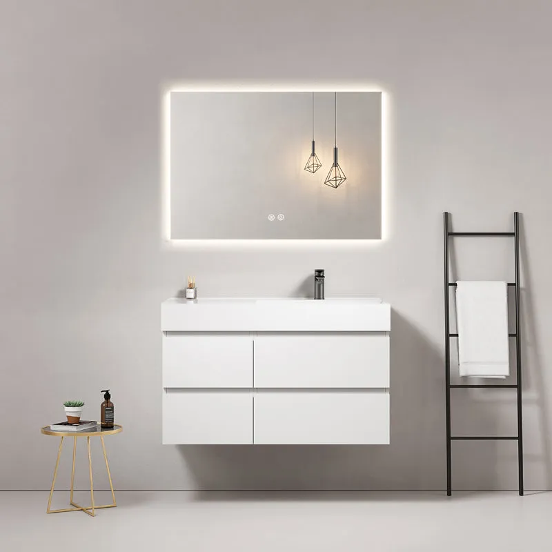 Mobile bagno sospeso 100 cm Bianco Lavabo a Destra in Resina Specchio Quadro Retroilluminato - Fiji Paint
