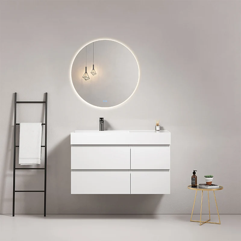 Mobile bagno sospeso 100 cm Bianco Lavabo a Sinistra in Resina Specchio Tondo Retroilluminato - Fiji Paint
