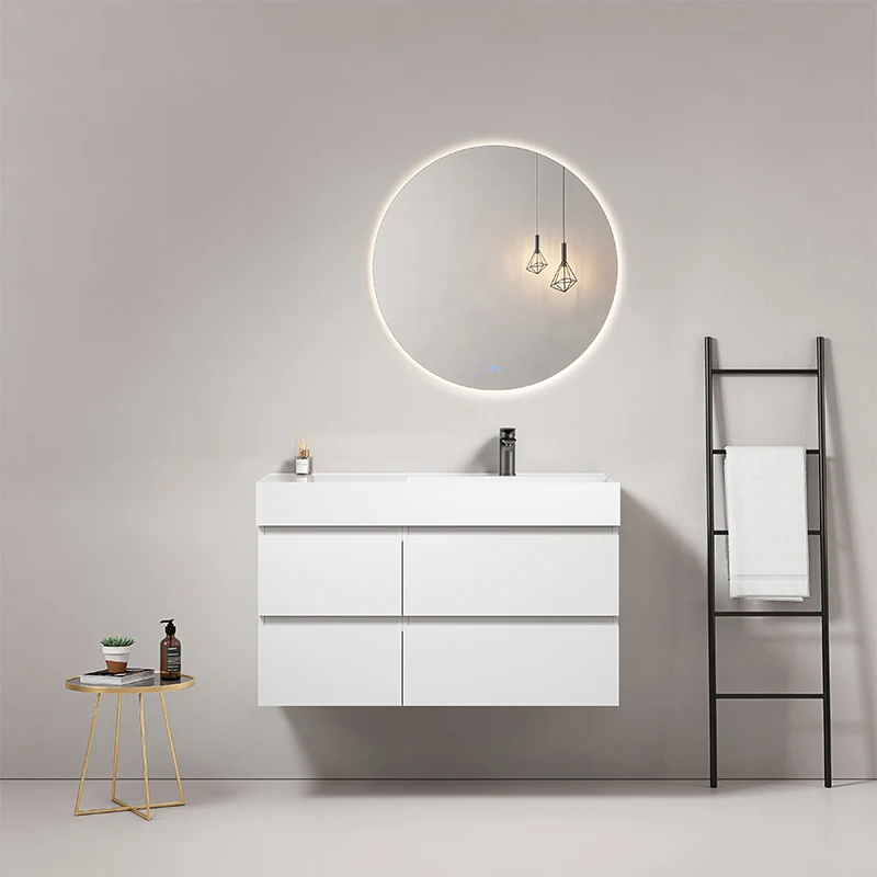 Mobile bagno sospeso 100 cm Bianco Lavabo a Destra in Resina Specchio Tondo Retroilluminato - Fiji Paint