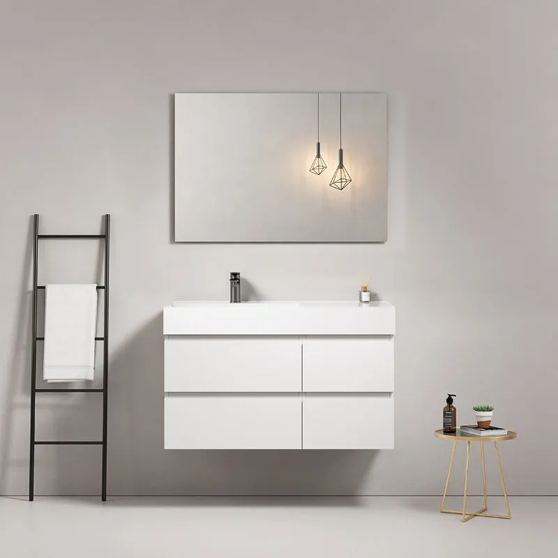Mobile bagno sospeso 100 cm Bianco Lavabo a Sinistra in Resina Specchio Quadro - Fiji Paint
