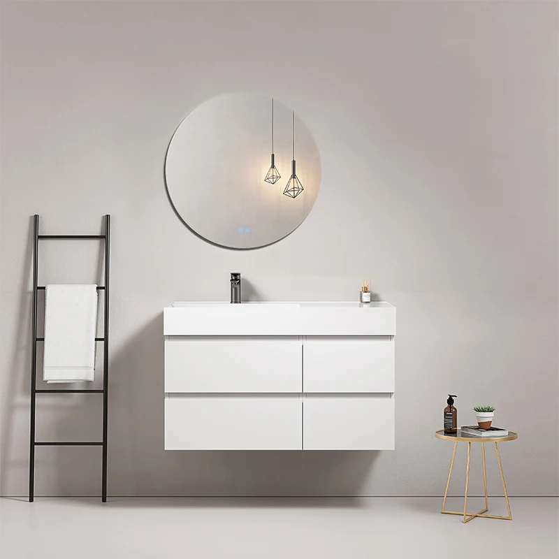 Mobile bagno sospeso 100 cm Bianco Lavabo a Sinistra in Resina Specchio Tondo - Fiji Paint