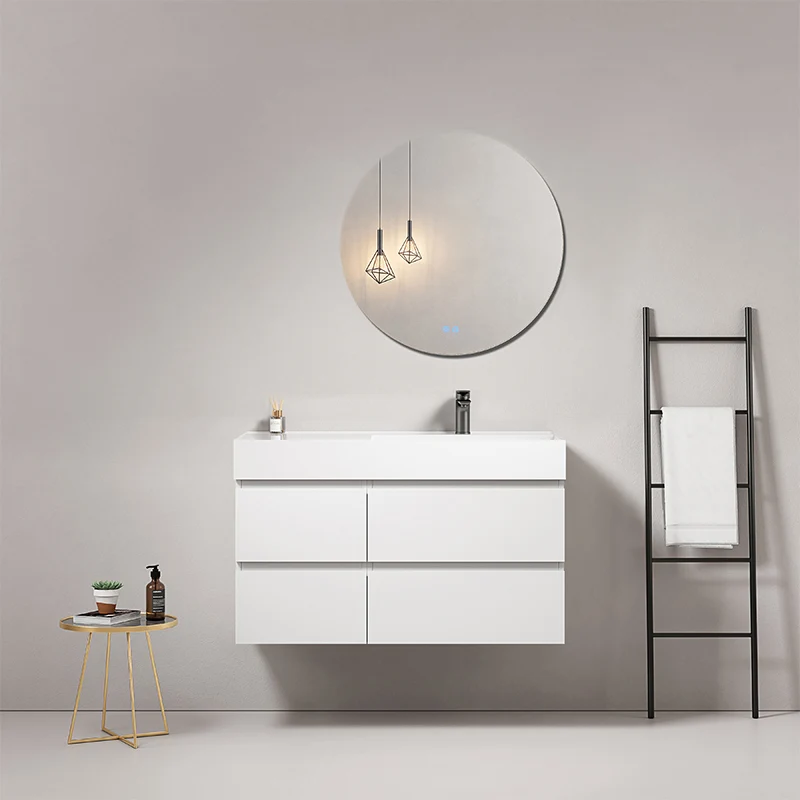 Mobile bagno sospeso 100 cm Bianco Lavabo a Destra in Resina Specchio Tondo - Fiji Paint
