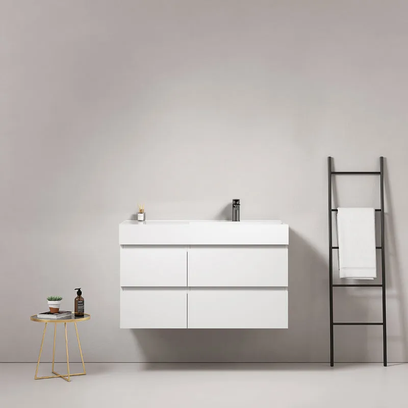 Mobile bagno sospeso 100 cm Bianco Lavabo a Destra in Resina Senza Specchio - Fiji Paint