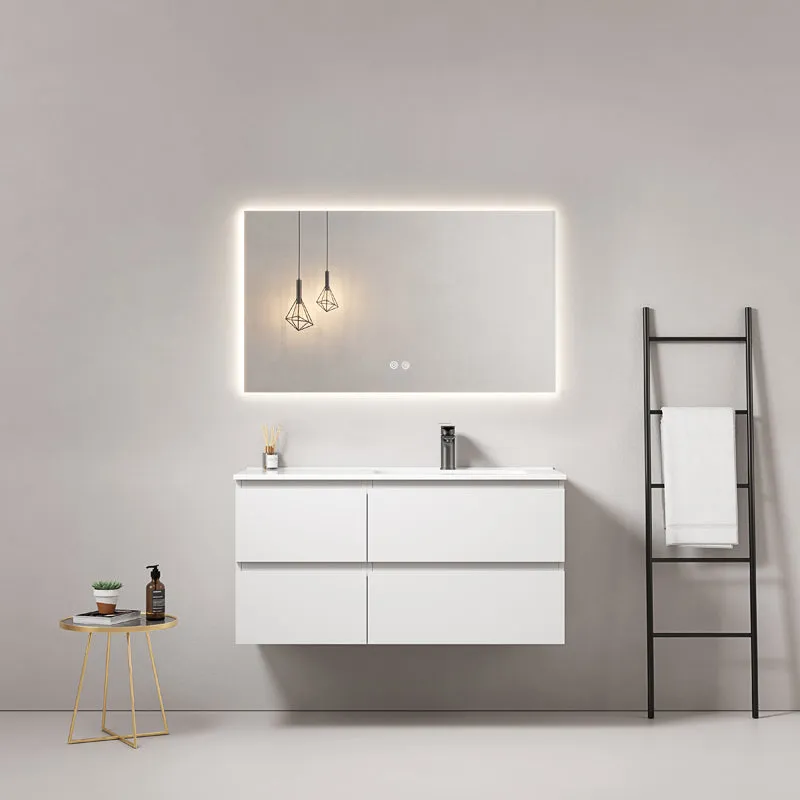 Mobile bagno sospeso 100 cm Bianco Lavabo a Destra in Ceramica Specchio Quadro Retroilluminato - Fiji Paint