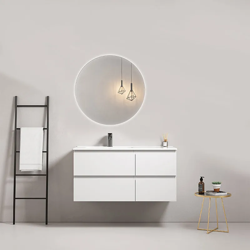 Mobile bagno sospeso 100 cm Bianco Lavabo a Sinistra in Ceramica Specchio Tondo Retroilluminato - Fiji Paint