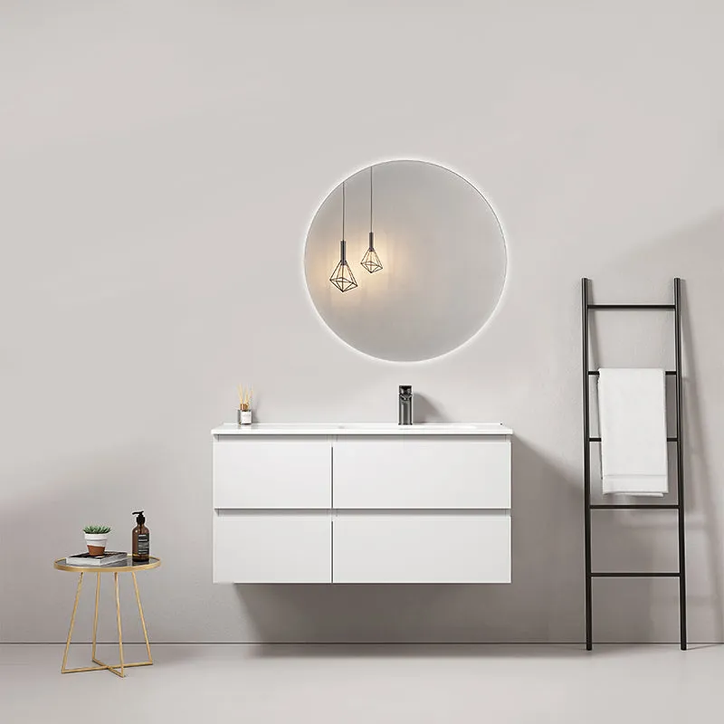 Mobile bagno sospeso 100 cm Bianco Lavabo a Destra in Ceramica Specchio Tondo Retroilluminato - Fiji Paint